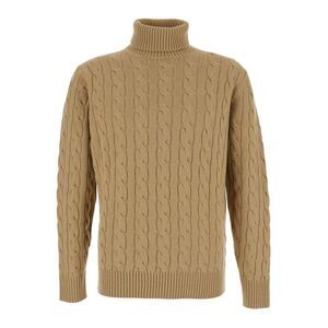 Kangra Men Beige Turtleneck Sweater With Braided Design In Wool Man